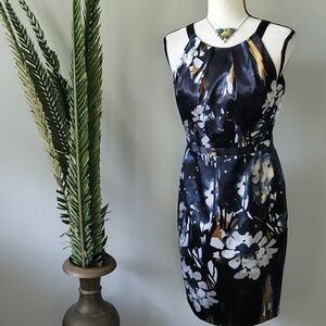 Tahari black, navy, and gold floral print dress NWT